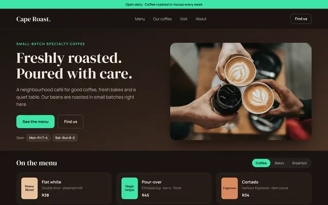 Example homepage design for Cape Roast Coffee Co. (concept)
