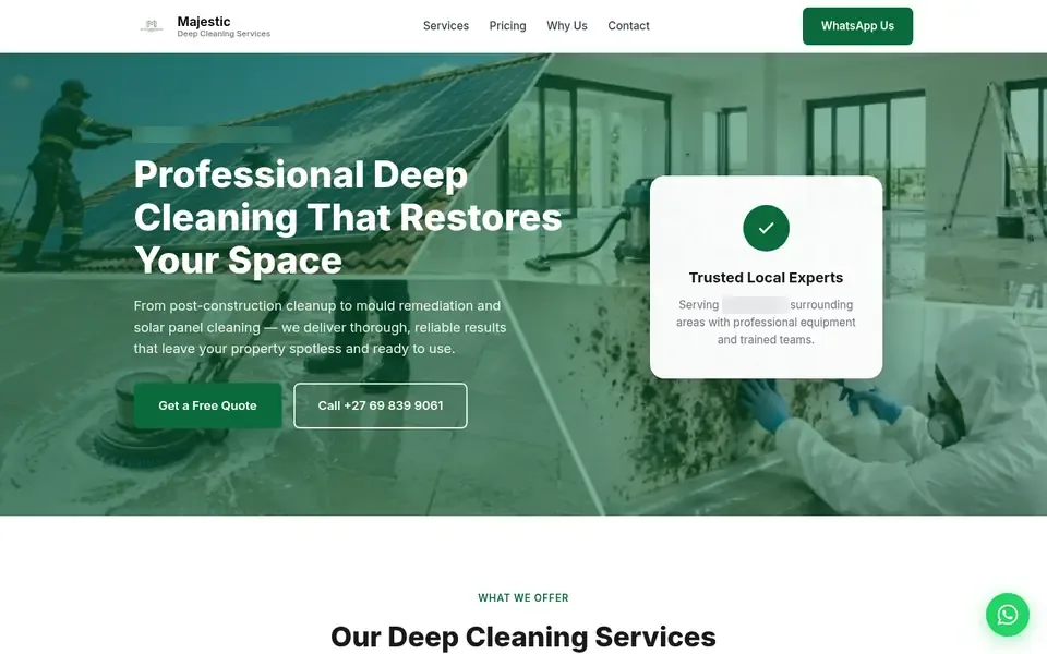 Majestic Deep Cleaning Services website, desktop home page