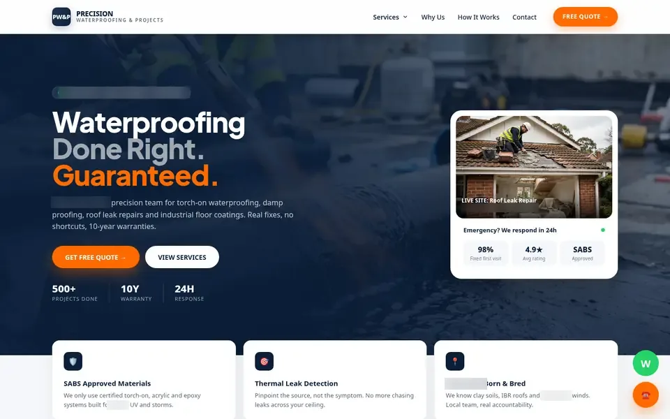 Precision Waterproofing & Projects website, desktop home page